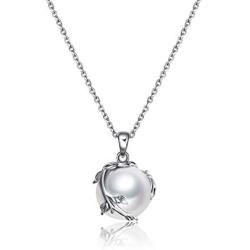 Sterling Silver Pearl Necklace Simple Leaf Gifts for Women Girls, 12mm Pearl