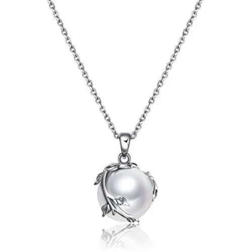Sterling Silver Pearl Necklace Simple Leaf Gifts for Women Girls, 12mm Pearl Sterling Silver Pearl Necklace Simple Leaf Gifts for Women Girls, 12mm Pearl