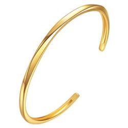 E Thin Open Cuff Bracelet, 18K Gold Plated Couples Oval Love Bracelets, Plain Polished & Inlaid AAA Cubic Zirconia Open Cuff Bangle Jewelry Gift for Women -Gold