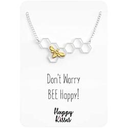 Bee Honeycomb Necklace – Bumblebee Pendent Charm in Gold & Silver – Don’t Worry Bee Happy Message Card