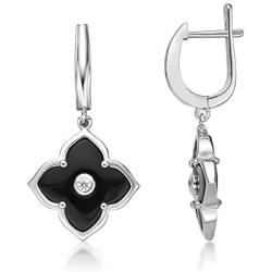 Mother of Pearl or Black Onyx Flower Dangle Drop Earrings for Women with Cubic Zirconia in 925 Sterling Silver Hinged Back by Lavari Jewelers