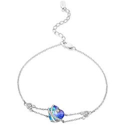 AOBOCO I Love You Jewelry Sterling Silver Heart Bracelet, Blue Purple Crystal from Austria, Fine Jewelry Gifts for Women