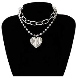 Fashion Tiered iGirl Heart Pendant Paperclip Chain Necklace Lovely Double Side Cat Alphabet Letters Collar Necklace Stainless Steel Female Symbol Gothic Streetwear Jewelry Gift