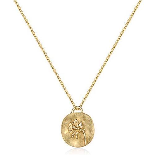Birth Month Flower Gold Necklaces for Women, 14K Gold Plated Embossed Flower Necklace Engraved Birth Flower Coin Necklace Women Flower Gifts Gold Pendant Neckalce Meaningful Gift Everyday Jewelry