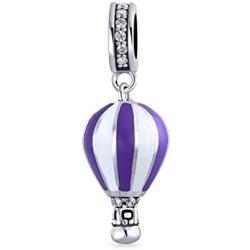 Vacation Travel White Purple Crystal Hot Air Balloon Dangle Charm Bead For Women Enamel .925 Sterling Silver Fit European Bracelet