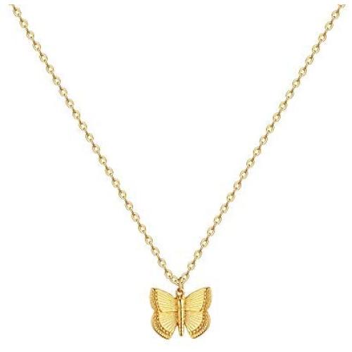 Initial Butterfly Pendant Necklace,Women 14k Gold Plated Handmade Dainty Butterfly Necklace with Initial Round Disk Pendant