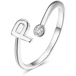 Silver Plated Initial 26 Alphabet Open Adjustable Mid Finger Ring Dainty Inlaid Crystal Jewelry