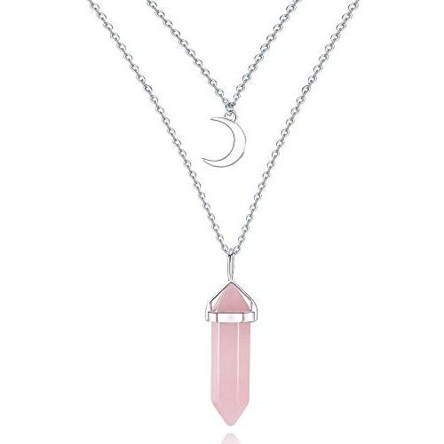 XIANNVXI Layered Crescent Moon Necklace Healing Crystal Stone Point Pendant Necklaces Reiki Witch Gemstone Dainty Jewelry for Women
