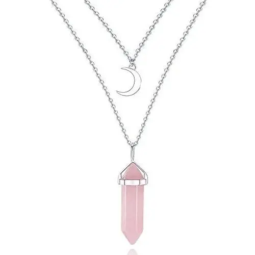 XIANNVXI Layered Crescent Moon Necklace Healing Crystal Stone Point Pendant Necklaces Reiki Witch Gemstone Dainty Jewelry for Women
