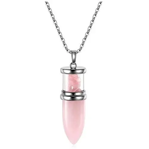 Jovivi Natural Amethyst Rose Quartz Crystal Necklace Bullet Shape Chakra Quartz Pendulum Healing Stone Pendant Necklace