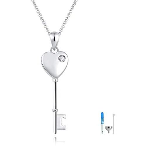Sterling Silver Key Urn Necklace Heart Shape Urn Pendant Cremation Ashes Keepsake Memorial Jewelry