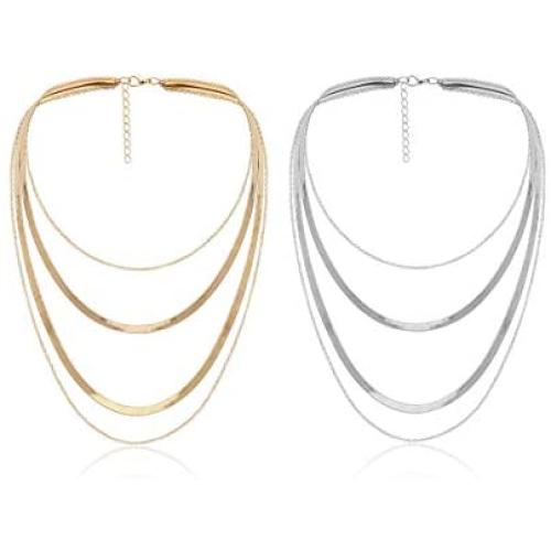 Dainty Gold Silver Layered Thick Snake Chain Link Choker Necklace Set Chic Style Tiered Herringbone Thin Collar Necklaces for Women Girls Chunky Hip Hop Fashion Party Jewelry Gift
