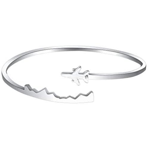 BAUNA World Travel Airplane Bracelet Pilot Gift Open Cuff Bangle Bracelet Aviation Jewelry Flight Attendant Gift
