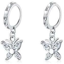 Diamond Cut Small Hoop Earrings With CZ Butterfly Charm Dangle Drop Earrings for Women Teen Girls Cartilage Sensitive Ear S925 Sterling Silver Cute Tiny Animal Hypoallergenic Piercing Jewelry Gifts