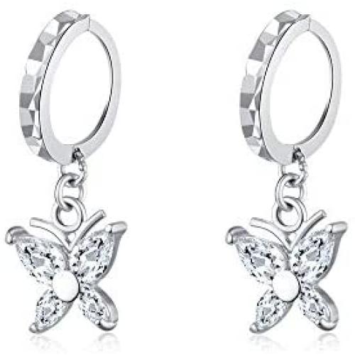 Diamond Cut Small Hoop Earrings With CZ Butterfly Charm Dangle Drop Earrings for Women Teen Girls Cartilage Sensitive Ear S925 Sterling Silver Cute Tiny Animal Hypoallergenic Piercing Jewelry Gifts