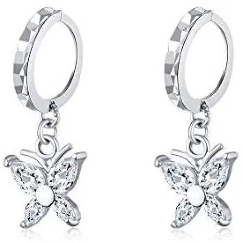 Diamond Cut Small Hoop Earrings With CZ Butterfly Charm Dangle Drop Earrings for Women Teen Girls Cartilage Sensitive Ear S925 Sterling Silver Cute Tiny Animal Hypoallergenic Piercing Jewelry Gifts