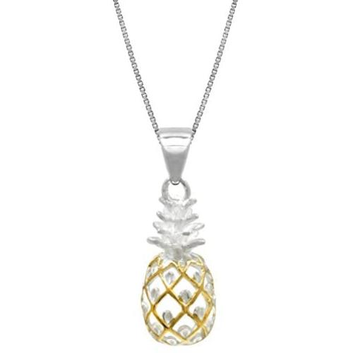 Honolulu Jewelry Company Sterling Silver with 14k Gold Plated Trim Pineapple Necklace Pendant with 18'' Box Chain