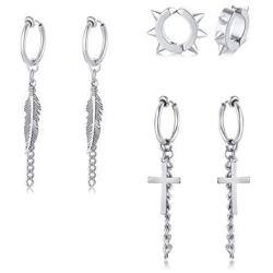 VNOX 3 Pcs/Set Mens Womens Minimalist Clip On Earrings Non Piercing Cross Charm Dangle Hinged Stud Earrings