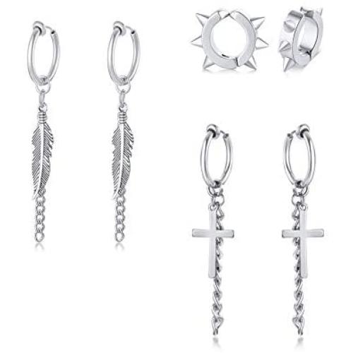 VNOX 3 Pcs/Set Mens Womens Minimalist Clip On Earrings Non Piercing Cross Charm Dangle Hinged Stud Earrings