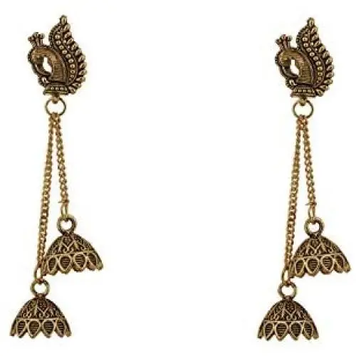 Unique Creation Peacock Style German Silver Oxidized Afghani/Kashmiri Tribal Oxidized Dangle Triple Layer Long Chain Earring For Women & Girls for New Year Gift Unique Creation Peacock Style German Silver Oxidized Afghani/Kashmiri Tribal Oxidized Dangle Triple Layer Long Chain Earring For Women & Girls for New Year Gift