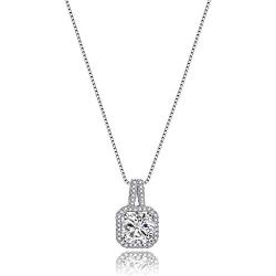 Bamos Solitaire Necklace Cubic Zirconia Necklaces for women, Round-Cut CZ Diamond Necklace Halo Necklace for Women Teen Girls, 14K White Gold Plated 16.5''-18'',Comes with Gift Card in Heart Envelope