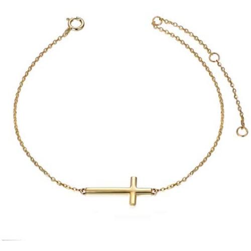 14k Gold Sideways Cross Bracelets for Women, Yellow Gold Engraved Faith Cross Bracelet with Adjustable Chain Fine Jewelry for Mom, Wife, Girl, 6.5'' - 8.5''