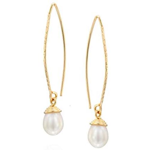 14k Gold-Filled Hand Wrapped Teardrop Cultured Pearl Long Wire Threader Earrings Bridal Wedding Jewelry