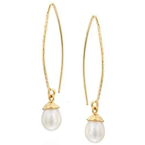 14k Gold-Filled Hand Wrapped Teardrop Cultured Pearl Long Wire Threader Earrings Bridal Wedding Jewelry 14k Gold-Filled Hand Wrapped Teardrop Cultured Pearl Long Wire Threader Earrings Bridal Wedding Jewelry