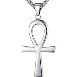 Mens Stainless Steel Large Coptic Ankh Cross Religious Pendant Necklace, 24'' Link Chain, aap107