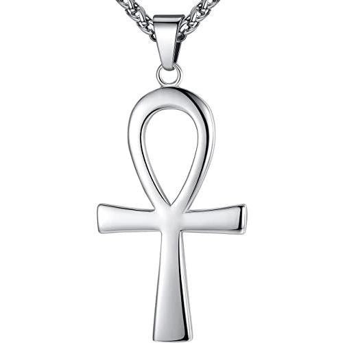 Mens Stainless Steel Large Coptic Ankh Cross Religious Pendant Necklace, 24'' Link Chain, aap107
