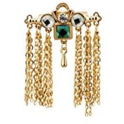 Knighthood Gold Bar with Semi Precious Green Stone White Shimmer Stone and Hanging Chain Brooch