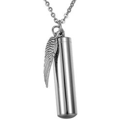 HooAMI Angel Wing Charm & Cylinder Memorial Urn Necklace Stainless Steel Cremation Jewelry