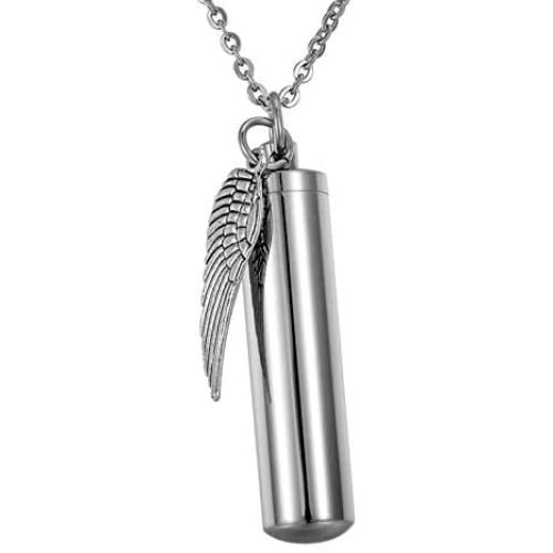 HooAMI Angel Wing Charm & Cylinder Memorial Urn Necklace Stainless Steel Cremation Jewelry