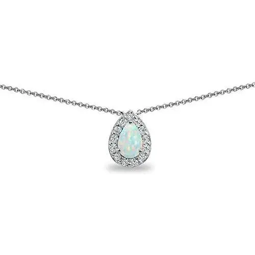 Sterling Silver Genuine or Synthetic Gemstone Teardrop Halo Short Choker Necklace with CZ Accents Sterling Silver Genuine or Synthetic Gemstone Teardrop Halo Short Choker Necklace with CZ Accents