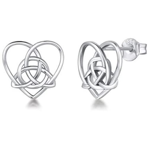 FANCIME Sterling Silver Irish Celtic Knot Love Heart Earrings/Pendant Necklace Small Earrings Triangle Vintage Dainty Fine Jewelry Set Gifts for Mom Women Teen Girls