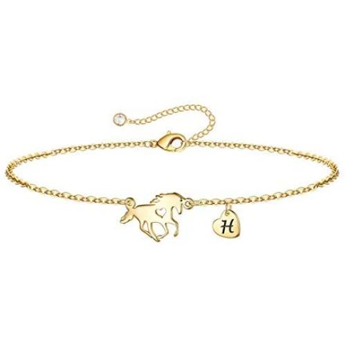 MONOOC Horse Gifts for Girls Bracelets, Dainty Gold Horse Bracelets for Women Charm Bracelets Horse Themed Gifts for Horse Lover Children Women Initial Heart Letter Horse Bracelets Jewelry