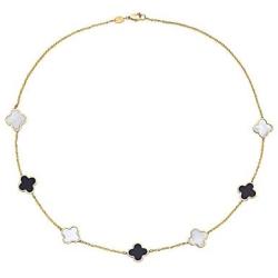 14K Solid Yellow Gold, Black Onyx and Mother-of-Pearl Necklace with 7 Clover Motifs. 16 inch chain size