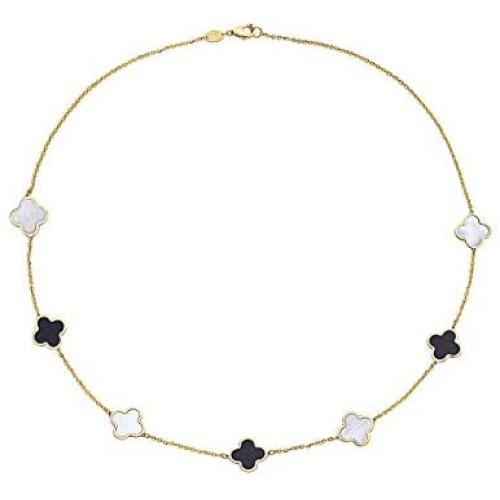 14K Solid Yellow Gold, Black Onyx and Mother-of-Pearl Necklace with 7 Clover Motifs. 16 inch chain size