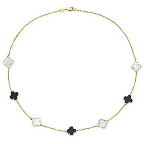 14K Solid Yellow Gold, Black Onyx and Mother-of-Pearl Necklace with 7 Clover Motifs. 16 inch chain size 14K Solid Yellow Gold, Black Onyx and Mother-of-Pearl Necklace with 7 Clover Motifs. 16 inch chain size