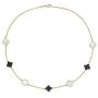 14K Solid Yellow Gold, Black Onyx and Mother-of-Pearl Necklace with 7 Clover Motifs. 16 inch chain size