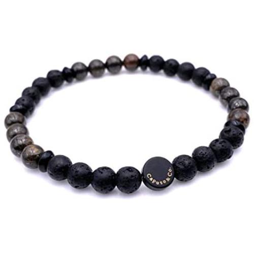 Mens Warrior Stone Lava Stretch Bead Bracelet Handcrafted in USA - Brown / Black
