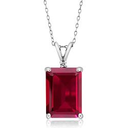 Gem Stone King 925 Sterling Silver Red Created Ruby and White Diamond Pendant Necklace (8.02 Ct Emerald Cut 14X10MM, with 18 Inch Silver Chain)