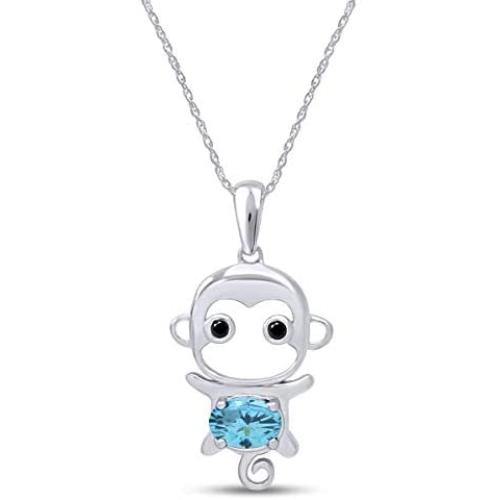 Simulated Gemstone Cute Monkey Animal Cartoon Pendant Necklace in 14K White Gold Over Sterling Silver