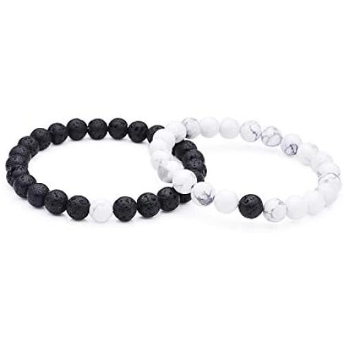 Couples His and Hers Bracelet Lava Beads White Howlite 8mm Beads 7.1''&7.5''