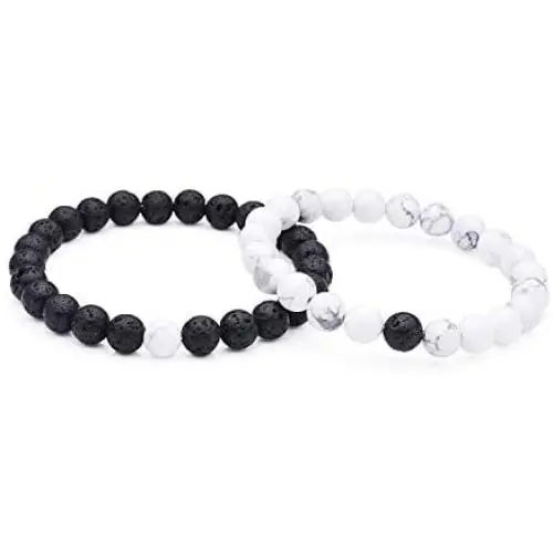 Couples His and Hers Bracelet Lava Beads White Howlite 8mm Beads 7.1''&7.5'' Couples His and Hers Bracelet Lava Beads White Howlite 8mm Beads 7.1''&7.5''