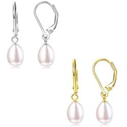 Fansilver 925 Sterling Silver Freshwater Cultured Pearl Drop Earrings For Women Elegant Pearl Dangle Earrings Leverback 6mm/8mm Wedding Jewelry