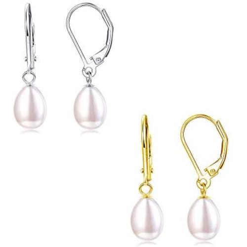 Fansilver 925 Sterling Silver Freshwater Cultured Pearl Drop Earrings For Women Elegant Pearl Dangle Earrings Leverback 6mm/8mm Wedding Jewelry