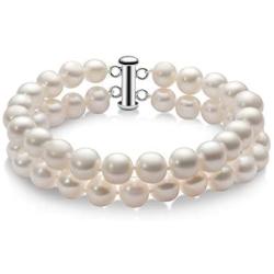 Double Row Pearl Bracelets Two Strand Freshwater Cultured 7-8mm/8-9mm White Pearl Bracelets Jewelry Gift for Women Wife Girls Mother