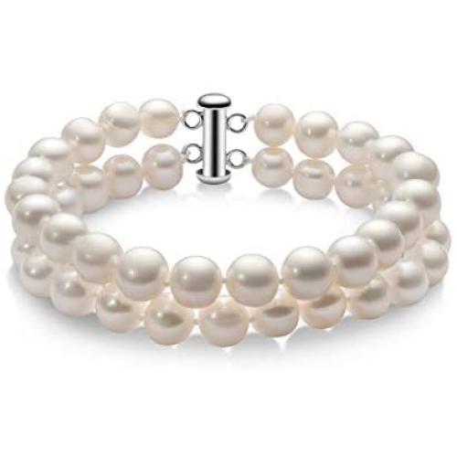 Double Row Pearl Bracelets Two Strand Freshwater Cultured 7-8mm/8-9mm White Pearl Bracelets Jewelry Gift for Women Wife Girls Mother