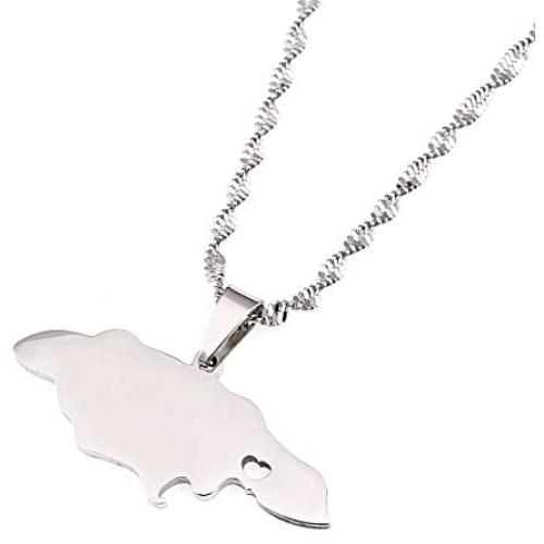 Silver Stainless Steel Jamaica Map Pendant Necklaces Jewellery Heart Jamaican Map Jewelry